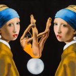 Perla lui Vermeer, ulei pe panza, 2018, (90x45cm)
Alege o fila din istorie, ii spune mentorul.
Studiaza o capodopera, sa fie a unui maestru.
Cant-o prin citirea ta,
Semneaza si dateaza,
Aceasta este Marturia.
Vermeer's Pearl, oil on canvas, 2018, (90x45cm)
Pick a file from history, the mentor says.
Study a masterpiece, a master’s choice.
Sing it through your reading
Sign and date,
This is the Testimony.