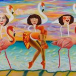 In stil Flamingo, ulei pe panza, 2018, (100x150cm)
La inaltimi aproape roz,
Pasind elegant, picioare lungi saruta buzele marii.
Ce Gratii vegheaza de dupa orizonturi asupra lebedelor tropicale?
Se inchina Balerina, a ei este Onoarea!
Dar si Recunostiinta: sa fie ea aleasa in dansul lor?
Oh! Mare Ti-e Dragostea!
Flamingo style, oil on canvas, 2018, (100x150cm)
Very close to the pink heights,
Walking elegantly, long legs are kissing the lips of sea,
What Graces are watching from beyond horizons, above the tropical swans?
The Ballerina bows, hers is the Honor!
And the Gratitude: is she the chosen one in their dance?
Oh! Huge is Your Love!