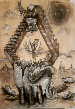 11-Oul dogmatic nascator de ingeri tinut de mana meditativa hamletiana. Deasupra oului, chipul intuit al artistului in spatele caruia se afla Banda lui Möbius , o ironie stranie a matematicii (este un model de suprafață cu o singură față și o singură margine. Banda are proprietatea matematică de a fi neorientabilă.)/
The dogmatic egg that births angels is held by the pensive hand of Hamlet. Above the egg is the barely sketched face of the Artist and behind him the Möbius strip, a strange irony of Mathematics (a model of a surface that only has one side and one edge. The strip has the mathematical property of not being orientable).
