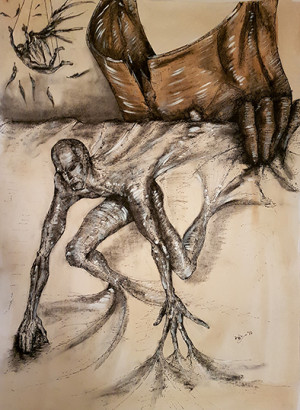 12-Nasterea mefistofelica in timp ce ingerul din noi se destrama sub presiunea nasterii alter-ego-ului nostru dramatic material./
A Mephistophelian birth, while the angel within fades away under the pressure of the creation of our dramatically material alter-ego.