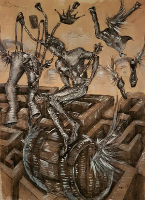 2-Un alt vis al lui Mircea cu Spiridusul dezgolit zburand deasupra
labirintului vietii prin intermediul butoiului bahic inaripat care il duce in zonele oniricului./
Another dream of Mircea’s with the naked Trickster hovering above the labyrinth of life in a winged Bacchic barrel that takes him to oneiric realms.