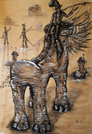 20-Un nou vis al lui Mircea in care acelasi spiridus ne coordoneaza si ne da sens pasilor si drumurilor. Poti sa calci ca un elefant sau ca o fiinta umana. Totul tine de alegerea drumului./
A new dream by Mircea in which the same trickster coordinates and gives a sense to our steps and our paths. One may tread as an elephant or as a human. What matters is the path that they walk down.